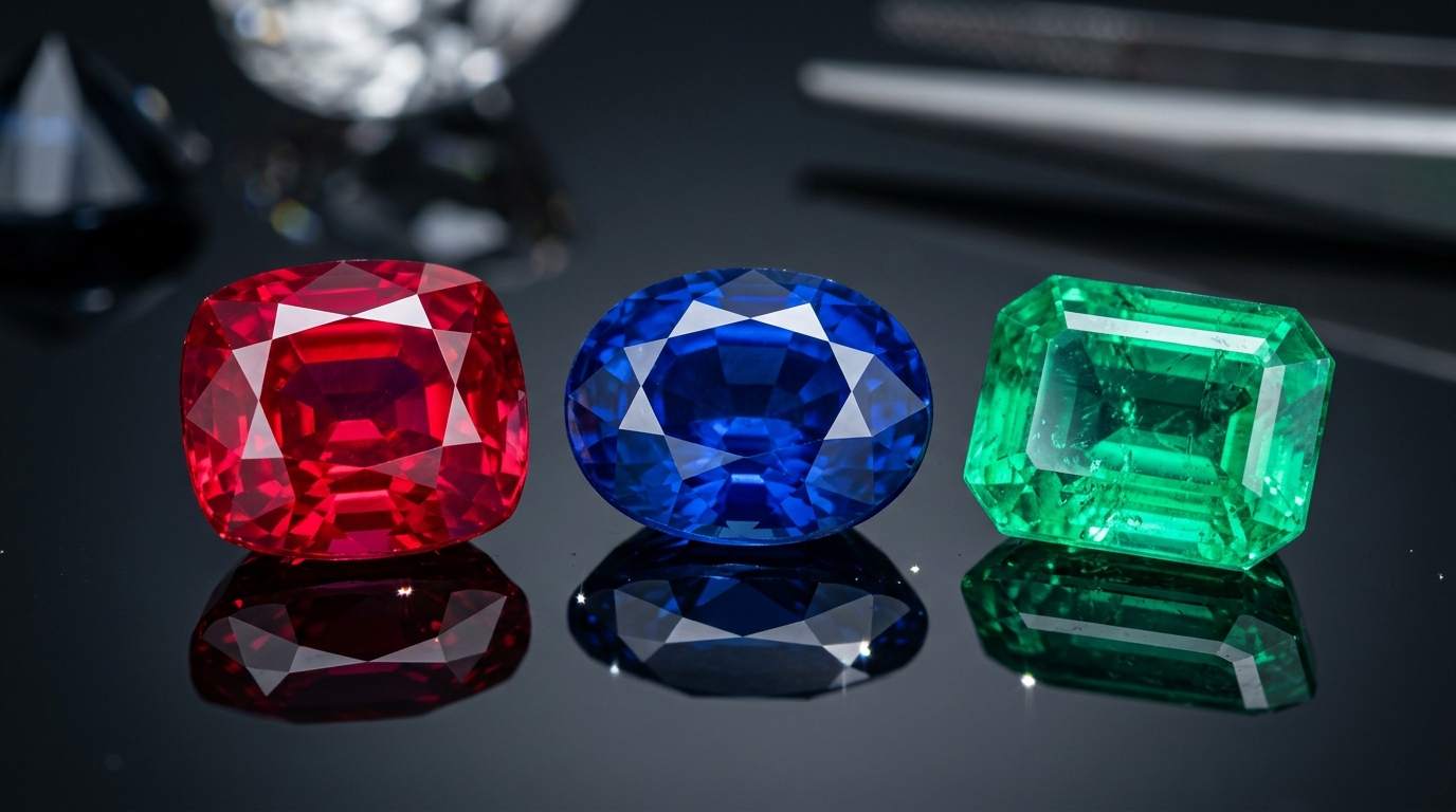 Vibrant arrangement of faceted ruby, sapphire and emerald gemstones on reflective dark surface