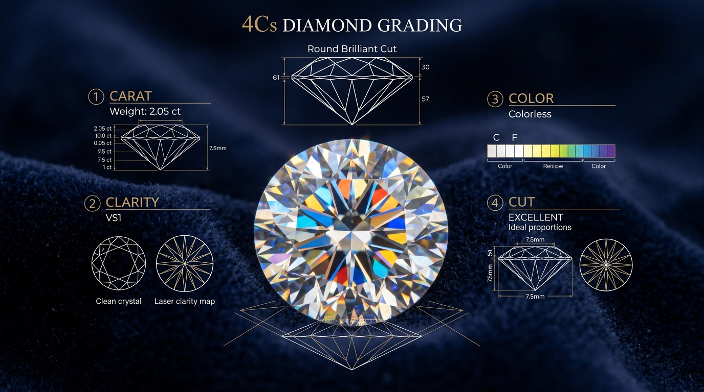4Cs Diamond grading diagram showing cut, clarity, color and carat weight