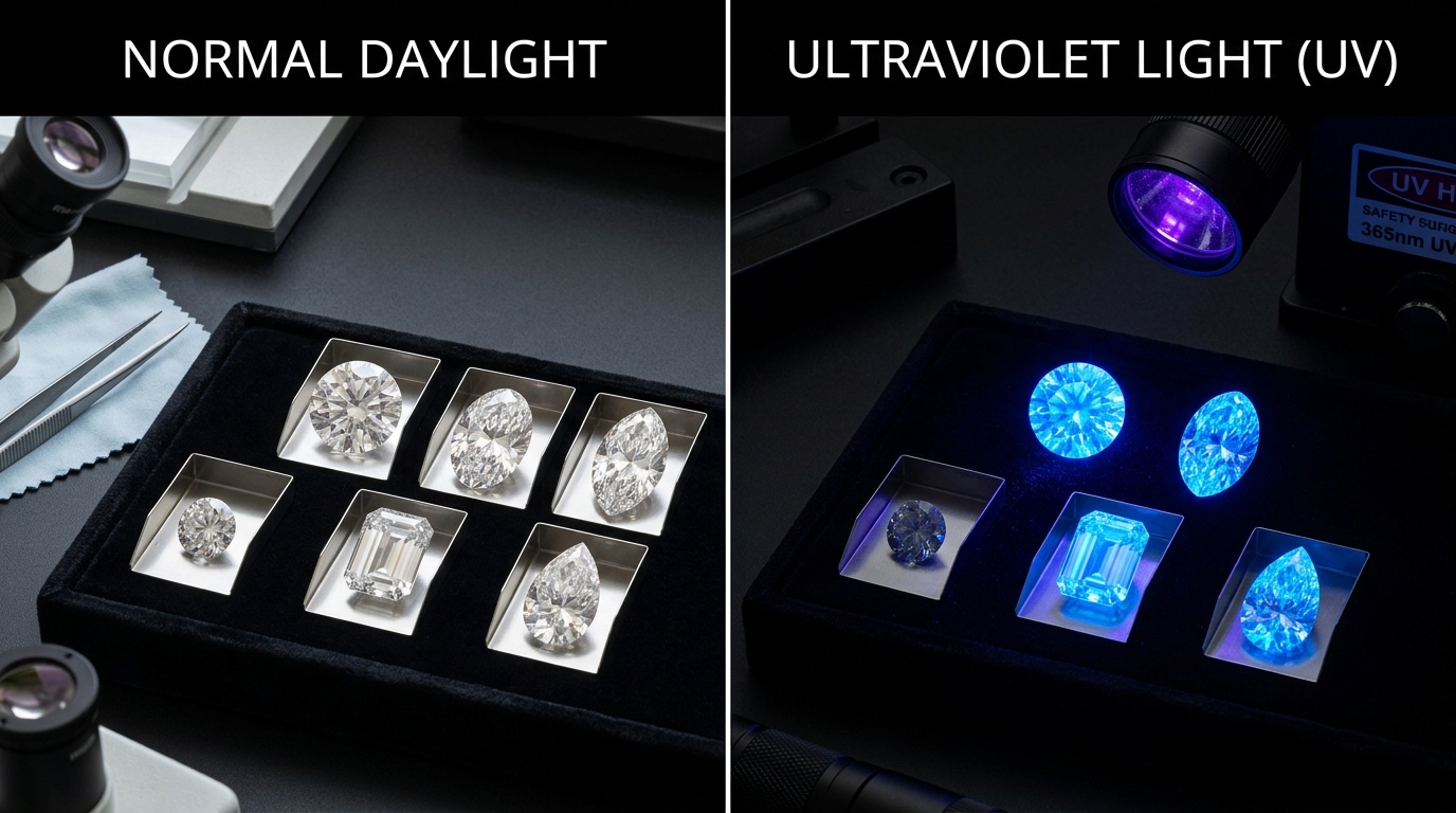 Comparative demonstration of diamonds under daylight versus glowing blue under UV light