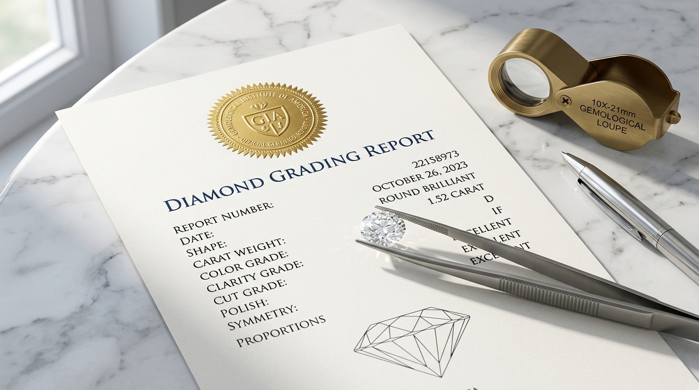 Official GGDL diamond grading certificate report with embossed gold seal and gemologist tools