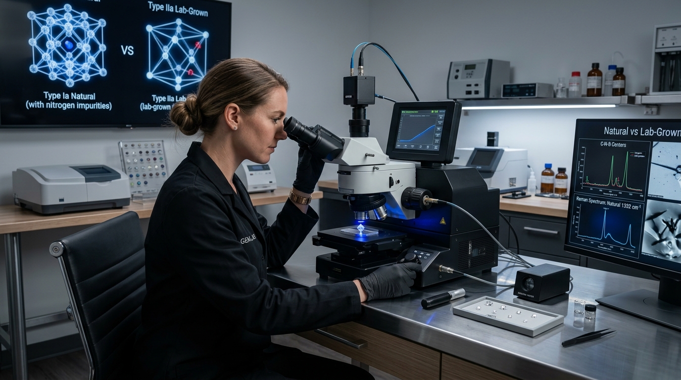 Gemological microscope analyzing natural vs lab grown diamond crystal lattice
